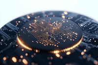 Glowing cryptocurrency coin with circuit pattern on dark background, illuminated by warm golden lights and bokeh effects, showcasing digital finance technology.