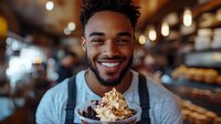 Young African American male barista with bright smile holding decorated dessert in cafe setting with warm ambient lighting and blurred background. Professional food service portrait.