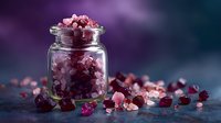 Pink and red crystal stones scattered around glass jar on dark background with mystical atmosphere and soft lighting for spiritual and wellness concepts.