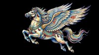 Ornate winged horse with decorative gold and blue armor, isolated on transparent background. Ready for t-shirt design, clipart, stickers, sublimation, and print-on-demand products.