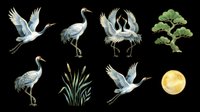 Watercolor crane birds and botanical elements isolated on transparent background, ready for t-shirt design, clipart, stickers, sublimation and print-on-demand projects.