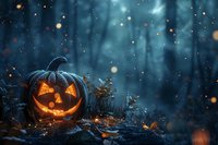 Glowing carved pumpkin with spooky face illuminated in dark misty forest at night, magical bokeh lights and autumn leaves create mysterious Halloween atmosphere.