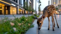 Young spotted deer fawn grazing on urban sidewalk plants near modern building at dusk, showcasing wildlife adaptation to city environments.