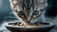 Curious tabby kitten with bright eyes eating dry food from ceramic bowl. Close-up portrait captures whiskers and innocent expression during mealtime.