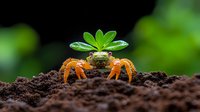 Small orange crab emerging from dark soil with green leaf balanced on top, creating whimsical nature scene against blurred forest background.