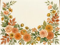 Watercolor floral border with autumn roses, dahlias, and berries in warm orange, peach, and green tones on white background with copy space.