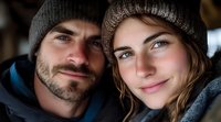 Young Caucasian couple in winter knit beanies sharing intimate close-up moment outdoors, expressing genuine happiness and connection through warm smiles.