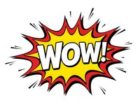 Comic book style WOW explosion burst with red and yellow colors on white background. Pop art speech bubble with exclamation text for advertising and promotional materials.