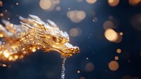Golden dragon head with water drops and bokeh lights against dark blue background creates magical fantasy atmosphere for design projects.