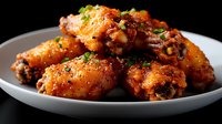 Spicy glazed chicken wings with garlic and herbs served on white plate against dark background, close up view of crispy appetizer with sauce and seasonings.