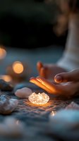 Glowing healing crystals on stone surface with gentle hands reaching towards warm light, creating mystical atmosphere for spiritual wellness and meditation practice.