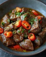 Tender beef chunks in rich sauce garnished with fresh red chili peppers and chopped herbs, served in rustic ceramic bowl. Close up food photography.
