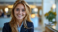 Young blonde businesswoman with bright smile and blue eyes wearing navy blazer in modern office setting, perfect for corporate marketing, leadership or success concepts.