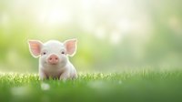 Adorable pink and white piglet sitting in fresh green grass against soft bokeh background, looking directly at camera with curious expression and perked ears.