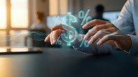 Businessman hands interacting with glowing dollar and percentage symbols, representing financial growth, investment returns, and digital money management in modern business environment.