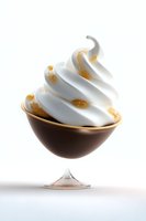 Creamy soft serve ice cream swirled in brown glass bowl with golden caramel drops on white background, isolated dessert photography for menu and advertising.