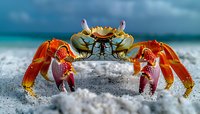 Colorful ghost crab with orange and yellow shell on sandy beach with ocean waves in background, marine wildlife crustacean in natural coastal habitat.