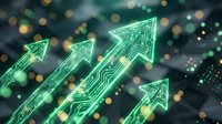 Glowing neon green arrows pointing upward with circuit board patterns, representing growth, success, and digital transformation in business and technology sectors.