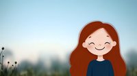 Young Caucasian woman with long red hair and cheerful smile wearing navy blue sweater against blurred nature background, cartoon style character for social media and blogs.