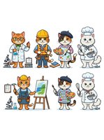 Cartoon cats in various professions including doctor, construction worker, artist, and chef, isolated on white background for clipart and design use.