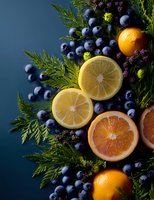 Fresh citrus slices, blueberries, and evergreen branches arranged on dark blue background for food styling, healthy eating concept, or holiday decor.