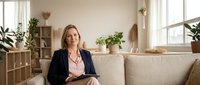 Professional blonde businesswoman in navy blazer sitting on beige sofa with tablet in bright modern living room with plants and natural light.