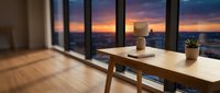 Modern minimalist workspace with wooden desk and potted plant overlooking dramatic sunset sky through floor-to-ceiling windows, suitable for business and lifestyle design projects.