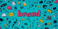 Colorful marketing doodle pattern with business icons, communication symbols and brand text on turquoise background. Seamless design for corporate identity.