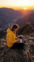 Woman in yellow jacket working on laptop at mountain summit during golden hour sunset, remote work and digital nomad lifestyle concept.