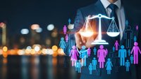 Professional businessman touching digital justice scales with diverse people icons representing legal services, human rights, and corporate law consultation.