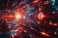 Futuristic digital tunnel with glowing orange and blue lights creating dynamic perspective effect, abstract technology background for sci-fi concepts.