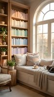 Cozy reading nook with built-in bookshelf, window seat, soft cushions and warm natural light creating peaceful home library atmosphere for relaxation.