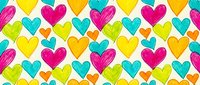 Colorful hand-drawn hearts seamless pattern with vibrant pink, yellow, green, orange and teal colors on white background for romantic designs and crafts.