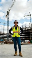 Confident young Hispanic female construction engineer in hard hat and safety vest stands at active building site with cranes and steel structure.