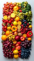 Fresh colorful fruits and vegetables arranged in rainbow pattern on white background, including citrus, berries, grapes, apples, and broccoli for healthy eating concept.
