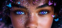 Close up portrait of young African American woman with bright blue eyes, glitter makeup and magical butterflies against dark background. Fantasy beauty concept.