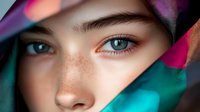 Young Caucasian woman with freckles and blue eyes surrounded by colorful holographic fabric creating rainbow light reflections on face for beauty campaigns.