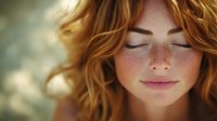 Young woman with natural freckles, closed eyes and gentle smile, red curly hair glowing in sunlight against soft blurred background, expressing serenity and natural beauty.