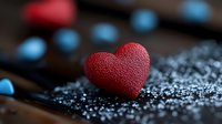 Red textured heart on dark glittery surface with colorful bokeh lights in background creating romantic Valentine's Day atmosphere for greeting cards.