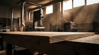 Wooden planks stacked in carpentry workshop with sunlight streaming through windows. Industrial woodworking space for furniture making and construction projects.