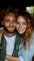 Happy young Caucasian couple embracing and smiling warmly at camera with natural lighting and casual clothing for lifestyle and relationship content.
