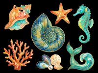 Colorful ocean creatures collection featuring starfish, seahorse, shell, coral, and mermaid tail isolated on transparent background. Ready for t-shirts, clipart, stickers, and print-on-demand designs.