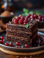Chocolate layer cake slice with fresh raspberries and cranberries on dark plate. Rich ganache frosting topped with mint leaves and chocolate shavings. Food photography.