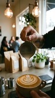 Barista creating latte art in cozy cafe with warm lighting and customers in background. Professional coffee making and hospitality service concept.