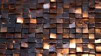 Metallic copper and bronze square tiles arranged in wavy pattern creating dimensional surface with light reflection and shadow play. Modern architectural detail.