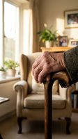 Elderly person's weathered hand gripping wooden walking cane in cozy living room with natural sunlight streaming through window creating warm atmosphere.