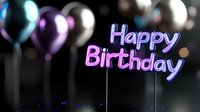 Glowing neon Happy Birthday text sign with blurred colorful balloons in background creates festive party atmosphere for celebration designs.