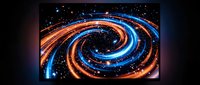 Abstract spiral energy waves with glowing orange and blue light trails creating dynamic swirl pattern against dark starry background for digital art projects.