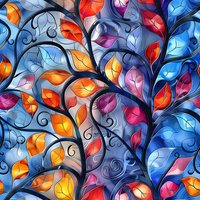 Seamless floral pattern with vibrant orange, blue and pink leaves on curving black branches against gradient background. Decorative nature motif for fabric and wallpaper.