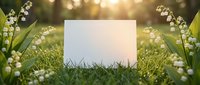 Blank white card mockup surrounded by lily of the valley flowers on green grass with warm golden sunlight bokeh background for spring design projects.